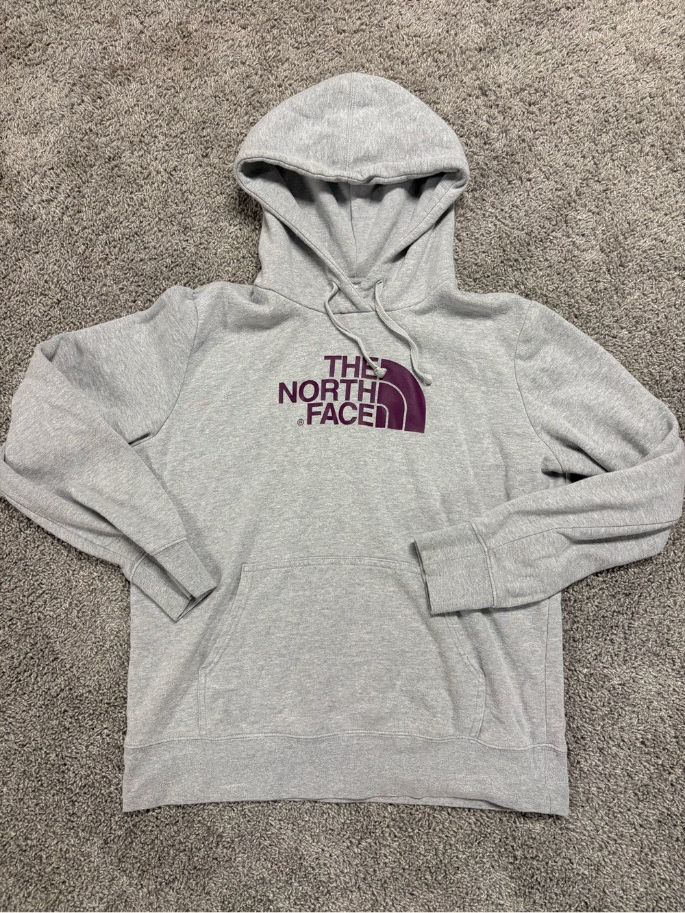 The North Face Light Gray Crewneck Hoodie with Purple Logo